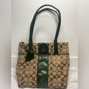 👜 Coach Signature Canvas Tote Bag 💚 Green Patent Leather & Snakeskin Trim